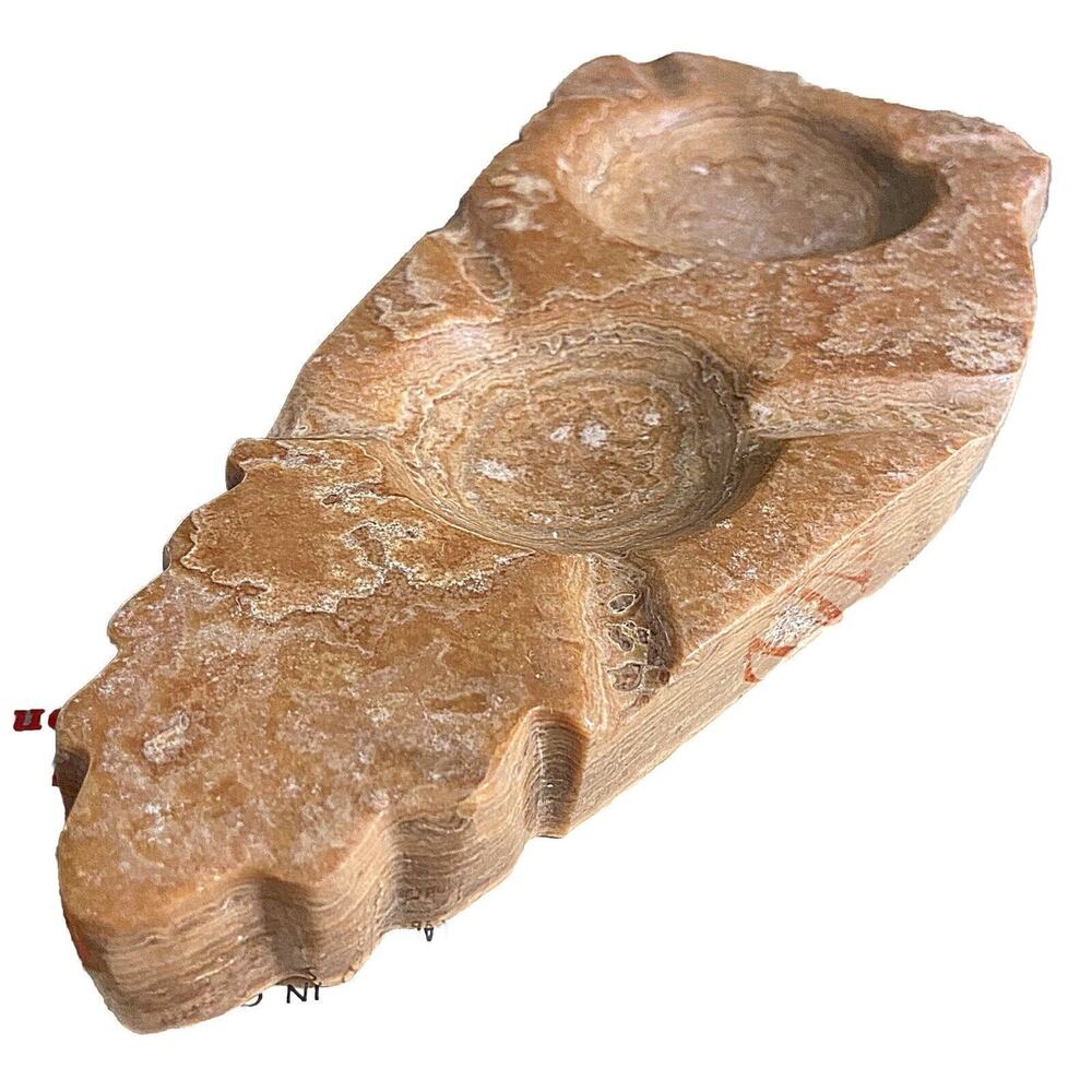 Vintage MCM Caramel Marble Onyx Cigar Pipe Double Ashtray Carved Natural Stone